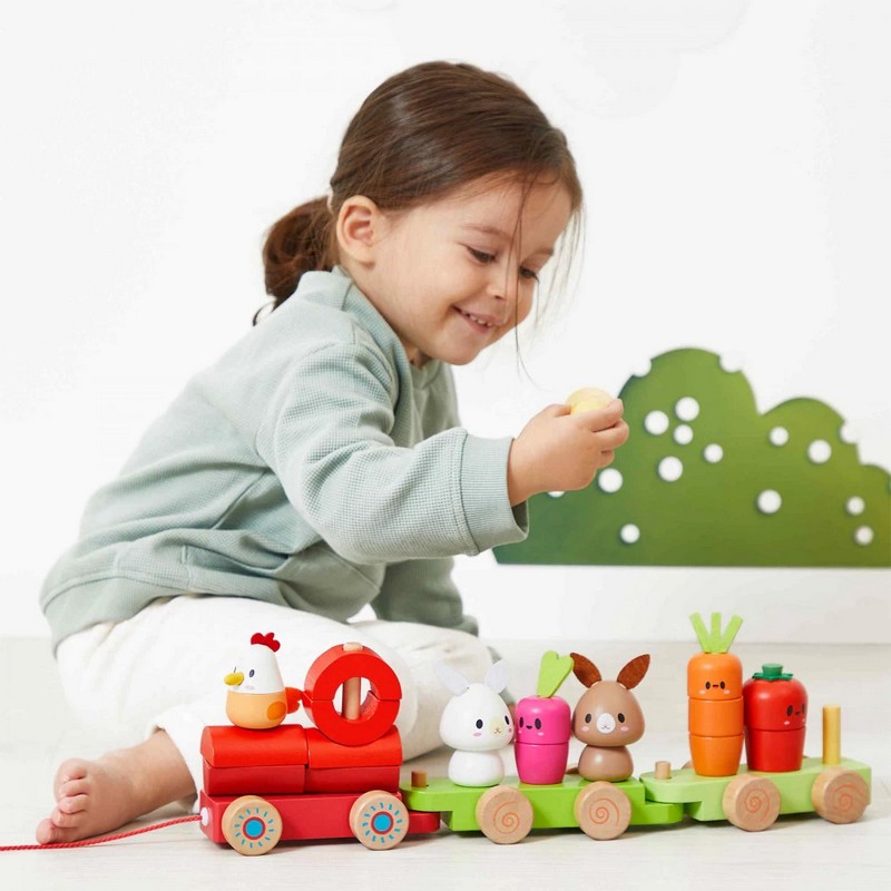 Gioco trenino trainabile legno per bambini a tema fattoria, con ortaggi, conigli e gallo, con blocchi da impilare